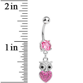 Pink Gem and Paved Heart For the Love of Owls Dangle Belly Ring