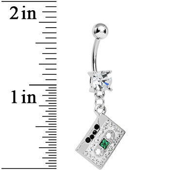 Crystalline Gem Paved Cassette Tape Dangle Belly Ring