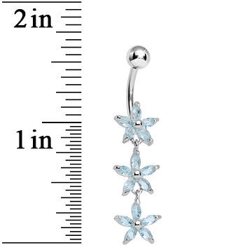 Aqua Gem Triple Spring Flower Dangle Belly Ring