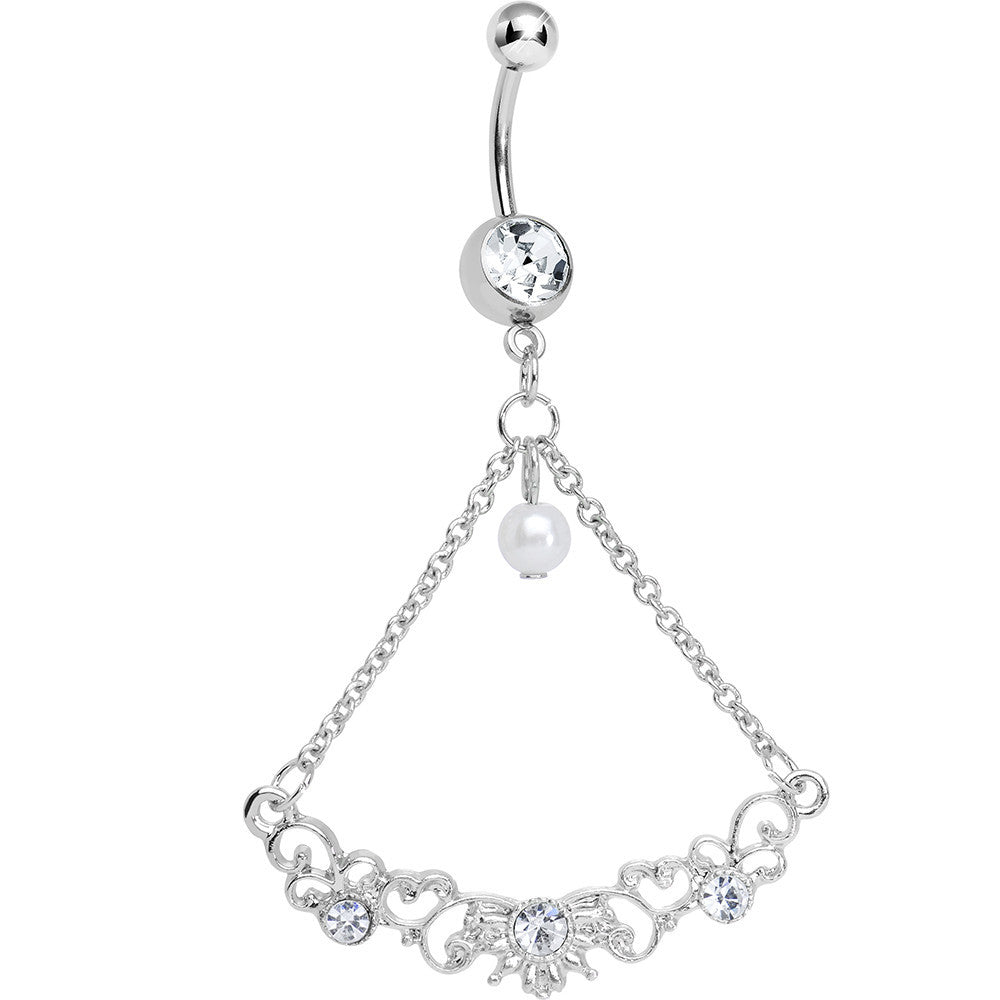 Crystalline Gem Faux Pearl Fanciful Scrolls Chandelier Belly Ring