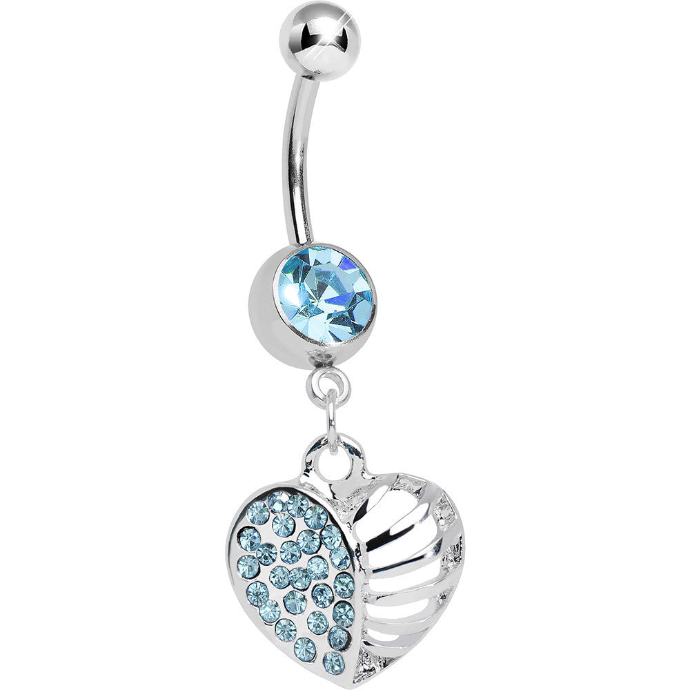 Aqua Gem Paved Cage Heart Dangle Belly Ring