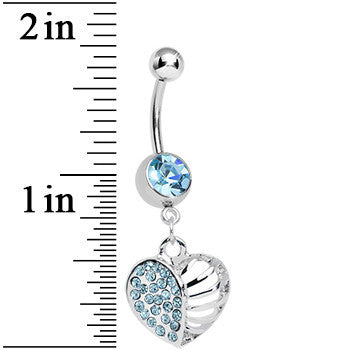Aqua Gem Paved Cage Heart Dangle Belly Ring