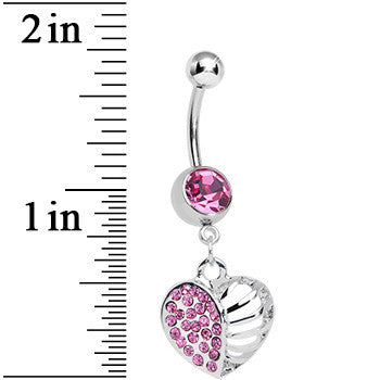 Pink Gem Paved Cage Heart Dangle Belly Ring