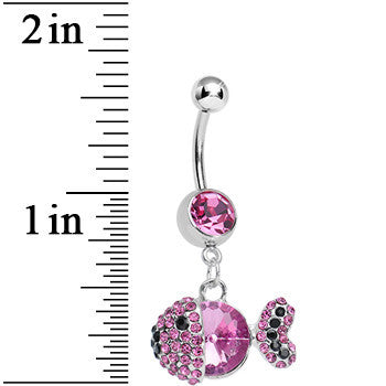 Pink Gem Paved Dazzling Fish Dangle Belly Ring
