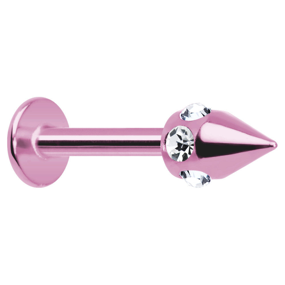 16G Pink Anodized Titanium Clear Gem Cone Labret Monroe