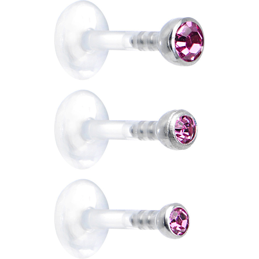 16G 1/4 Pink Gem Bioplast Triple Forward Helix Barbell 3 Pack Set