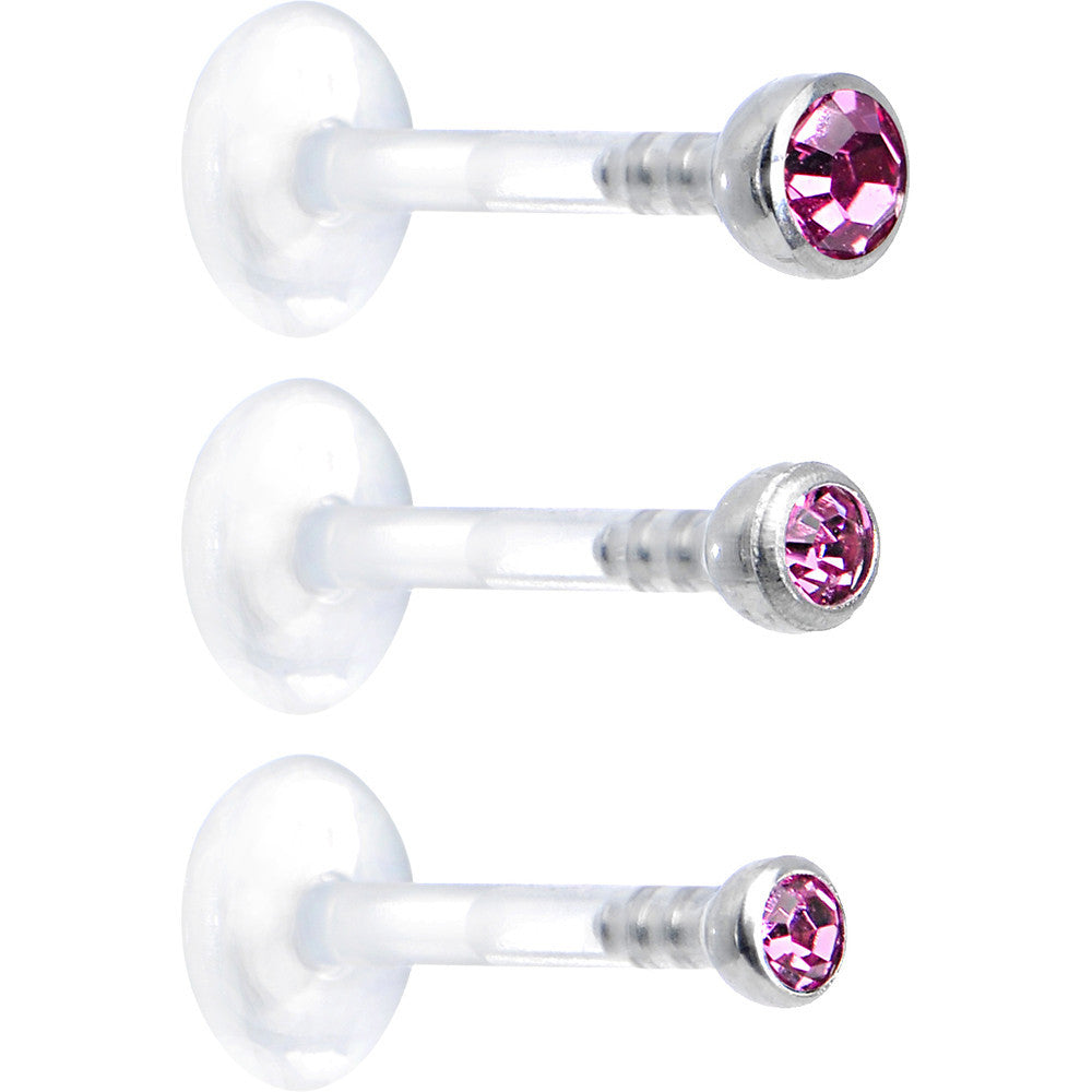 16G 5/16 Pink Gem Bioplast Triple Forward Helix Barbell 3 Pack Set