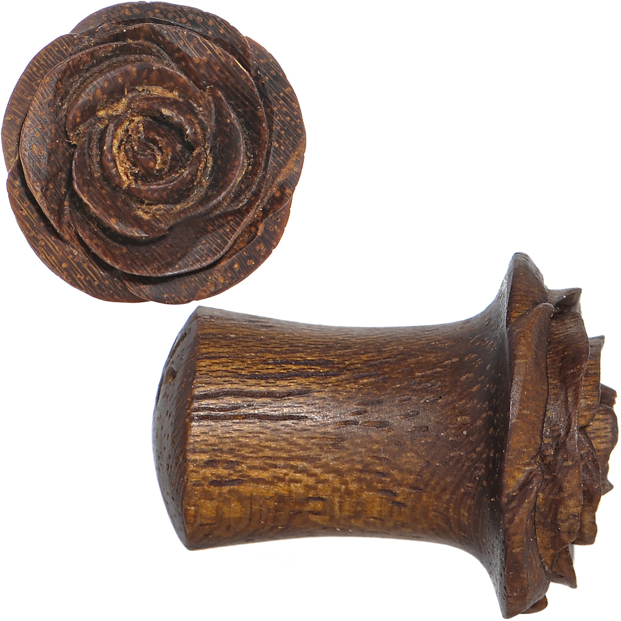 2G Organic Teak Wood Mocha Rosebud Hand Carved Plug Set