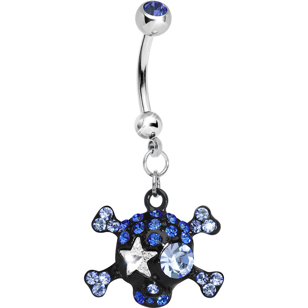 Blue Gem Starry Eyed Skull and Crossbones Dangle Belly Ring