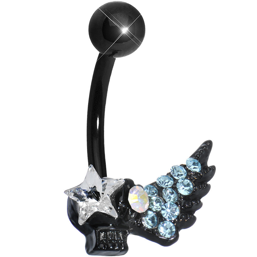 Aqua Gem Rock Star Shimmering Wing Black Skull Belly Ring