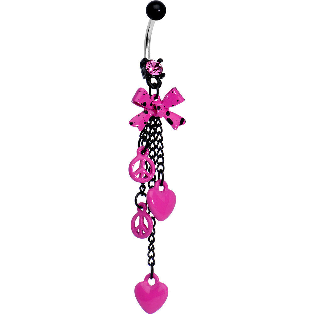 Pink Gem Peace Love and Bow Dangle Belly Ring