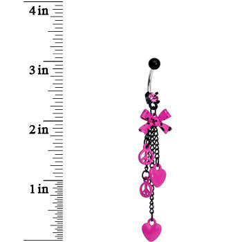 Pink Gem Peace Love and Bow Dangle Belly Ring