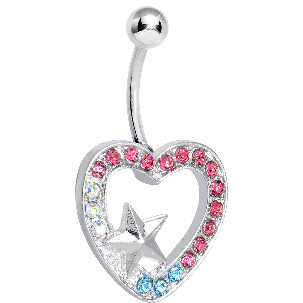 Clear Pink and Aqua Gem Hollow Heart Star Belly Ring