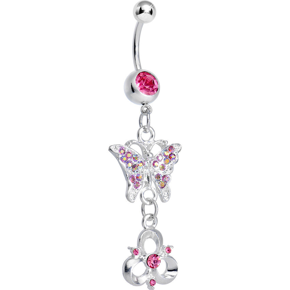 Pink Gem Butterfly and Trinity Knot Dangle Belly Ring
