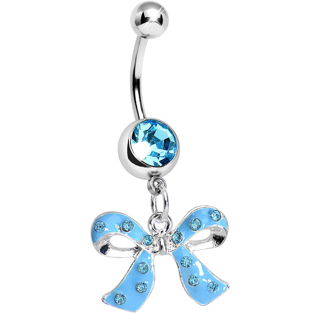 Aqua Gem Polka Dotted Girly Bow Dangle Belly Ring