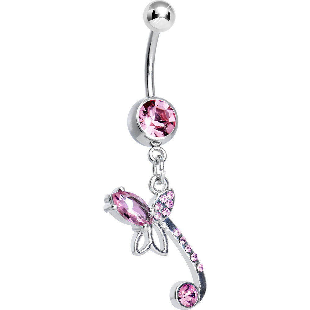 Pink Gem Bud of the Tulip Flower Dangle Belly Ring