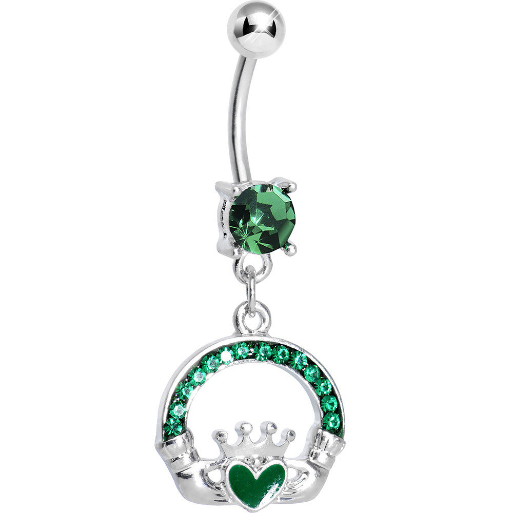 Emerald Green Gem Green Heart Irish Claddagh Dangle Belly Ring