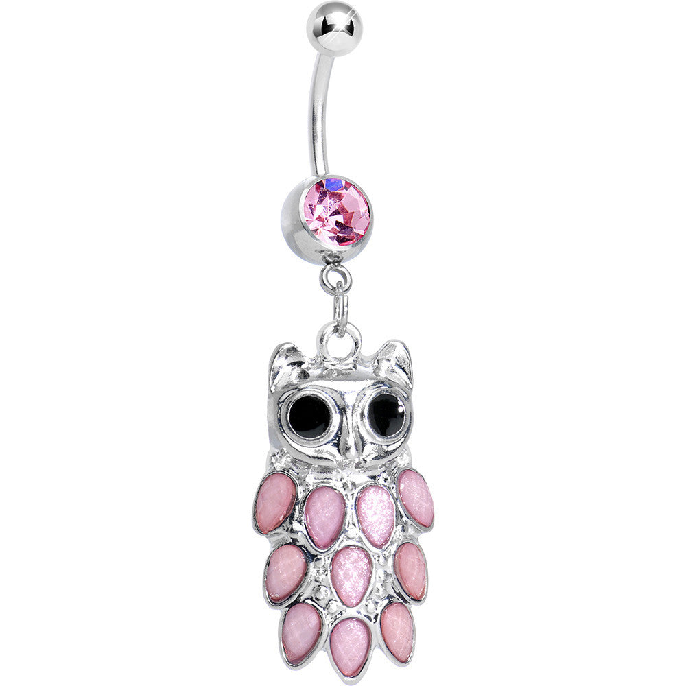 Pink Gem Dressed Up Owl Dangle Belly Ring