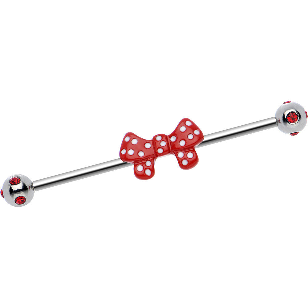 14G Red Gem Steel Red White Polka Dot Industrial Barbell 37mm