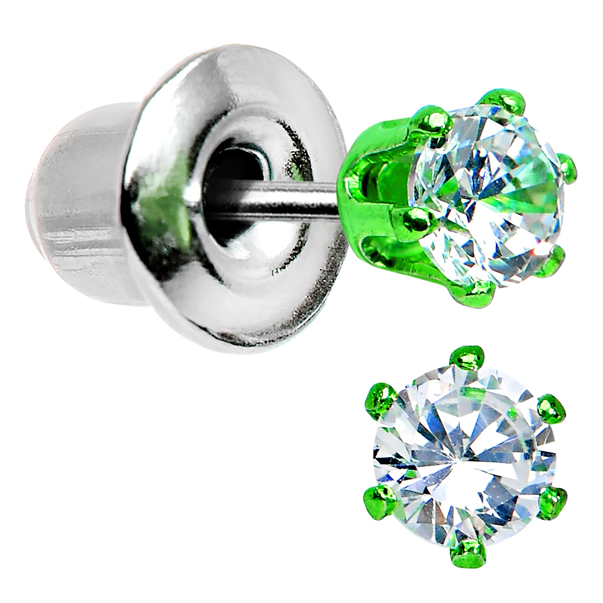 3mm Neon Green Round Clear CZ Stud Earrings
