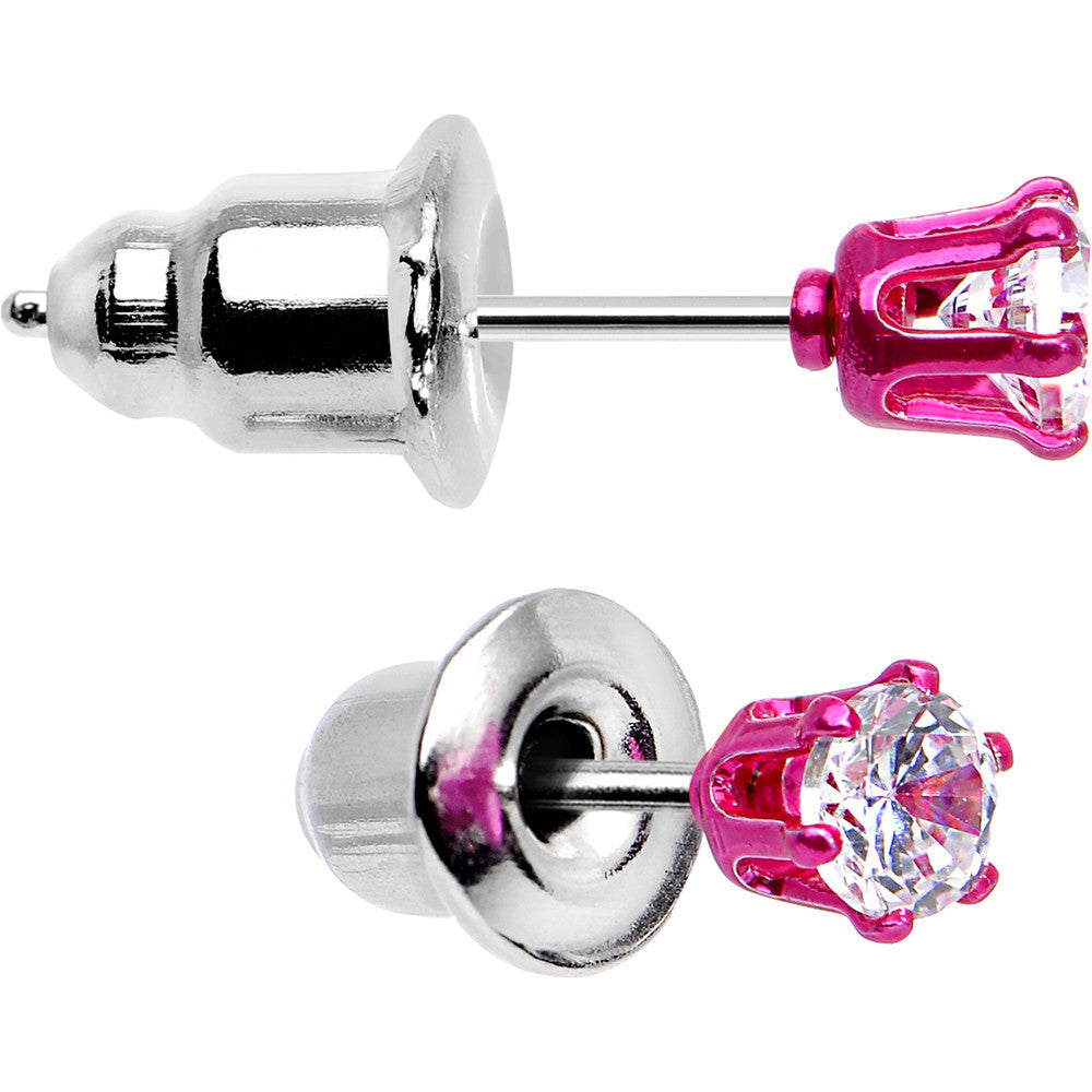 3mm Neon Pink Round Clear CZ Stud Earrings
