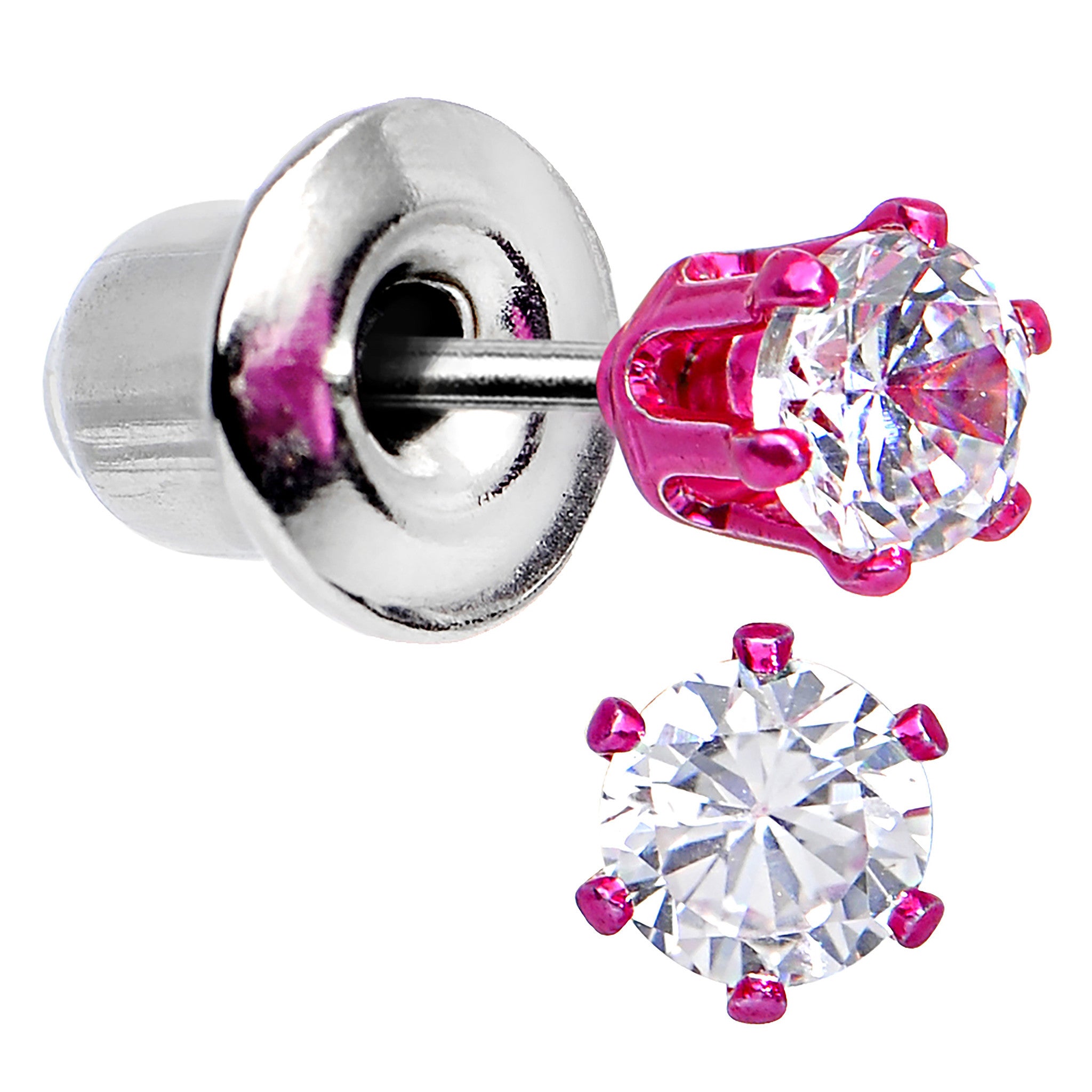 3mm Neon Pink Round Clear CZ Stud Earrings