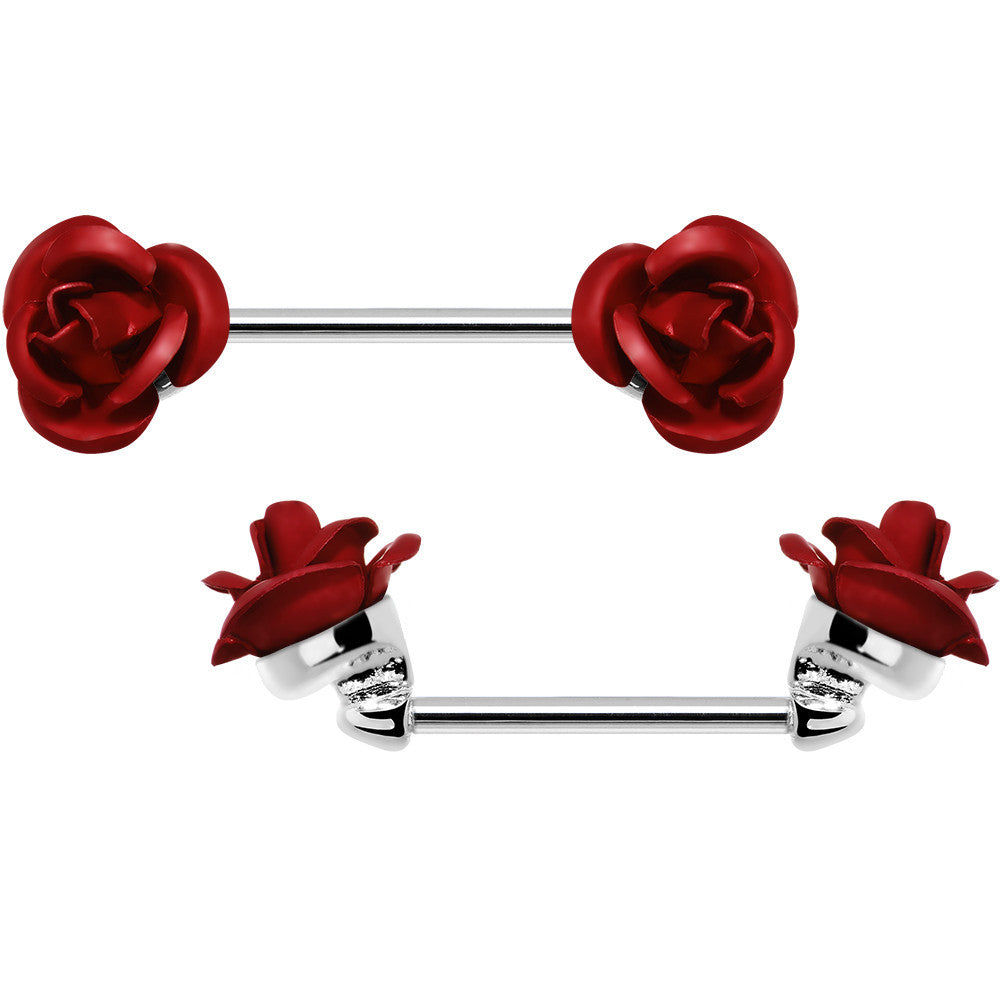14G Glorious Metallic Red Rose Flower Nipple Barbell Set