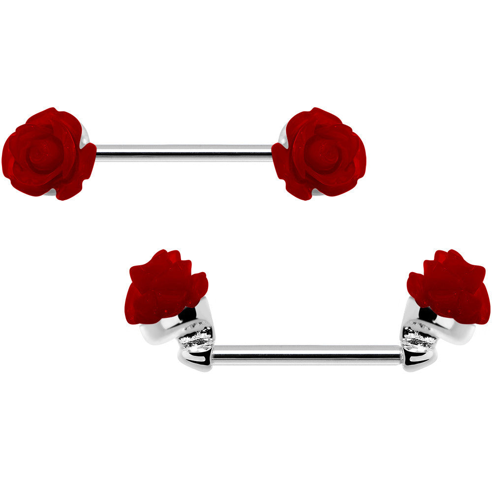 14 Gauge 5/8 Fancy Red Rose Flower Nipple Barbell Set