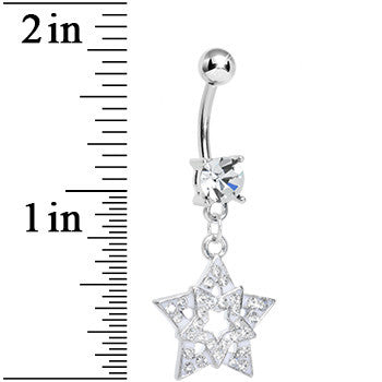 Clear Gem Paved Star Within a Star Dangle Belly Ring