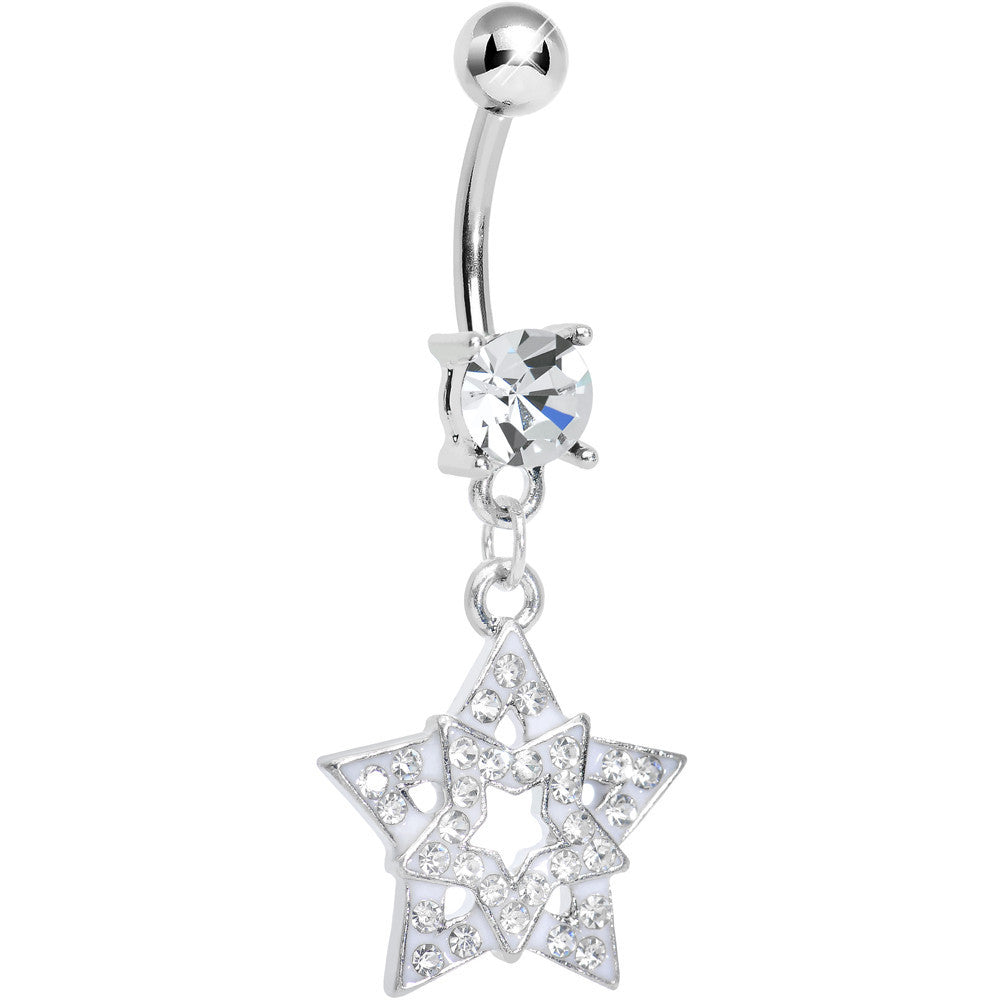 Clear Gem Paved Star Within a Star Dangle Belly Ring