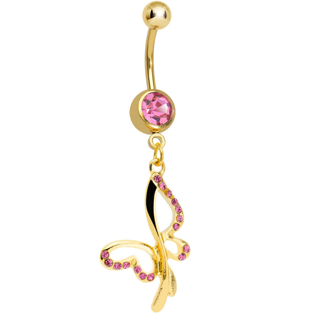 Pink Gem Gold Plated Breathtaking Butterfly Dangle Belly Ring