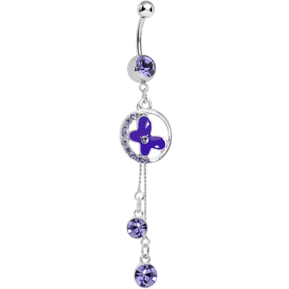 Purple Cubic Zirconia Drops Encircled Butterfly Dangle Belly Ring