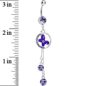 Purple Cubic Zirconia Drops Encircled Butterfly Dangle Belly Ring