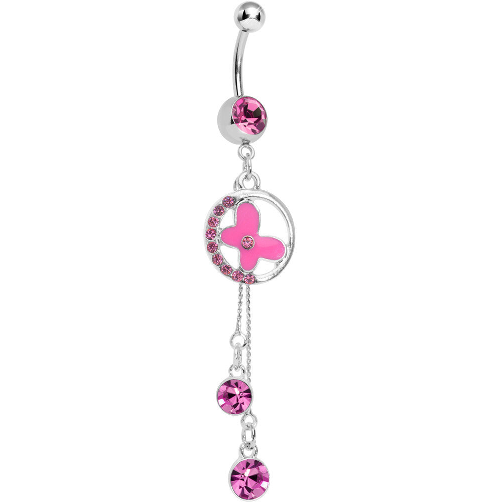 Pink Cubic Zirconia Drops Encircled Butterfly Dangle Belly Ring