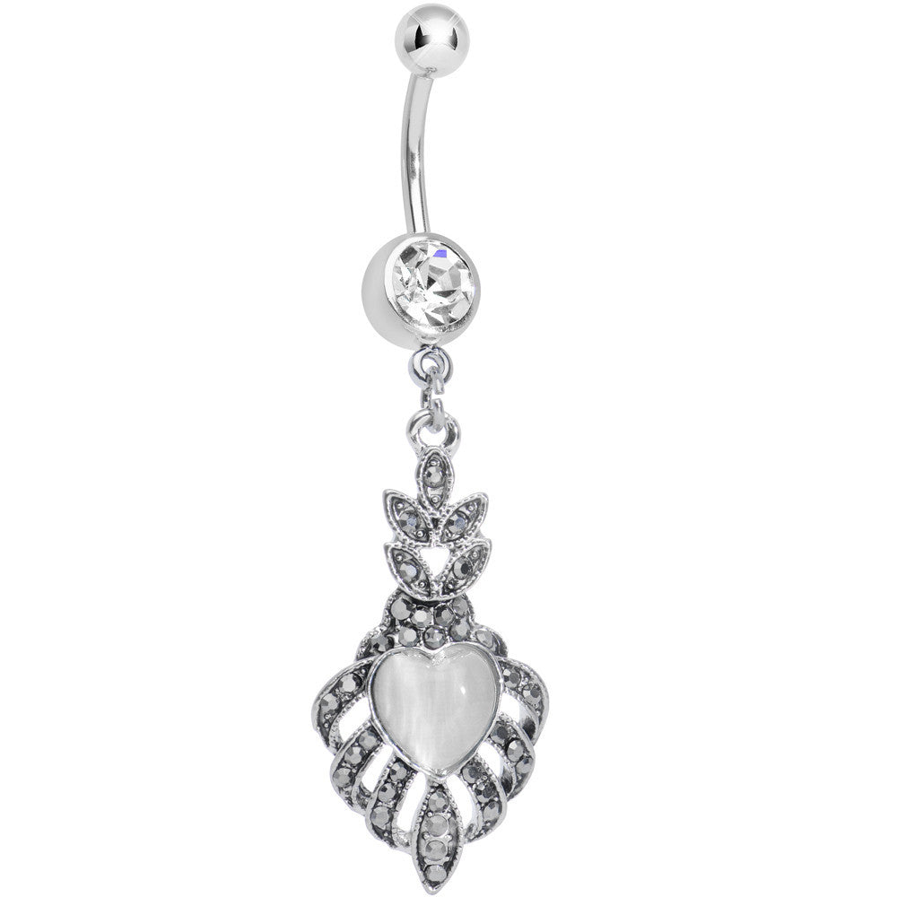 Clear Gem Royal White Heart Dangle Belly Ring