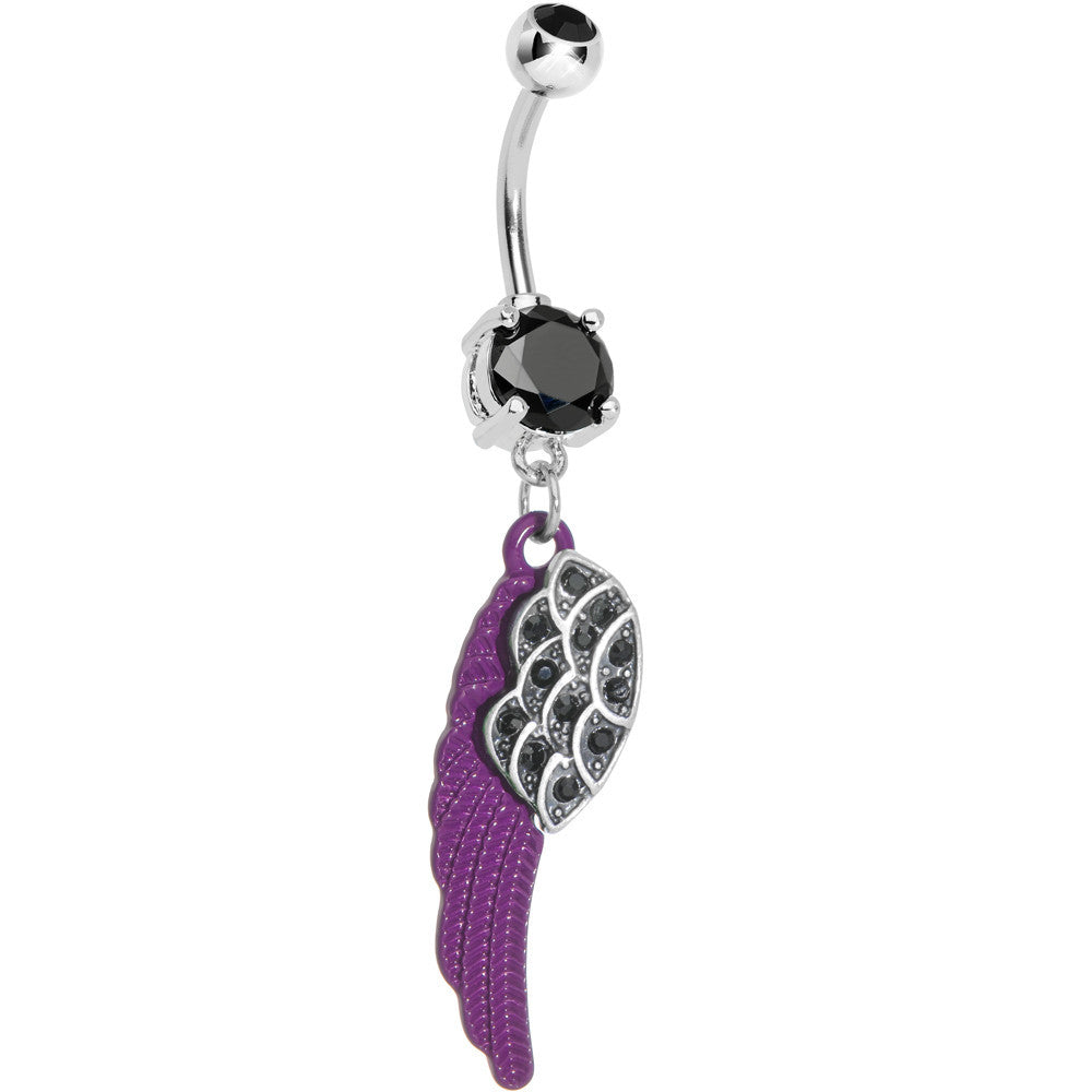 Black Paved Gem On the Purple Wing of an Angel Dangle Belly Ring