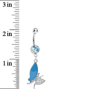 Aqua Gem Blue Wing Nonsymmetrical Butterfly Dangle Belly Ring