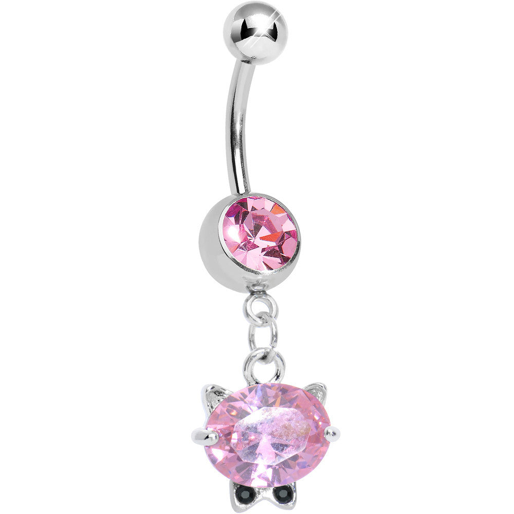 Pink Gem Black Tie Affair Swanky Crystal Cat Head Dangle Belly Ring