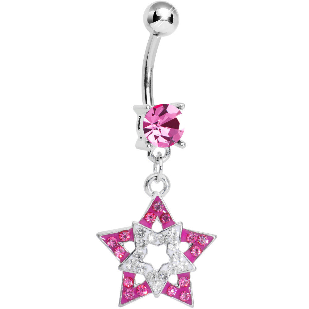 Pink Clear Gem Paved Star Within a Star Dangle Belly Ring