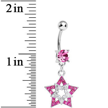 Pink Clear Gem Paved Star Within a Star Dangle Belly Ring