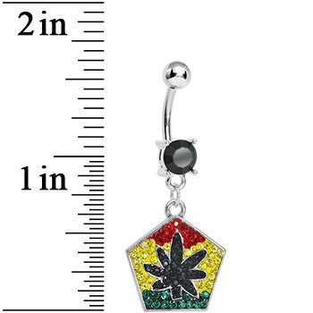 Black Gem Paved Pentagon Rasta Flag Pot Leaf Dangle Belly Ring