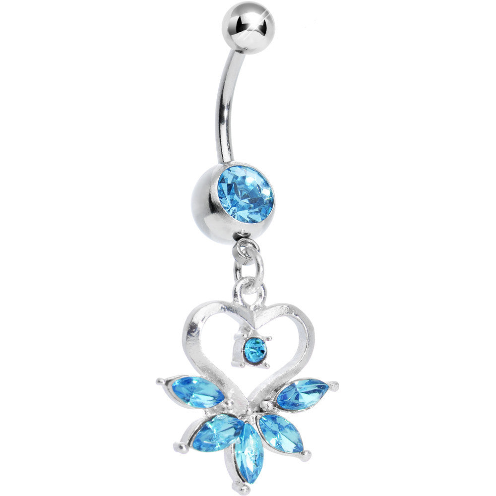 Aqua Gem Marquise Pop Hollow Heart Dangle Belly Ring