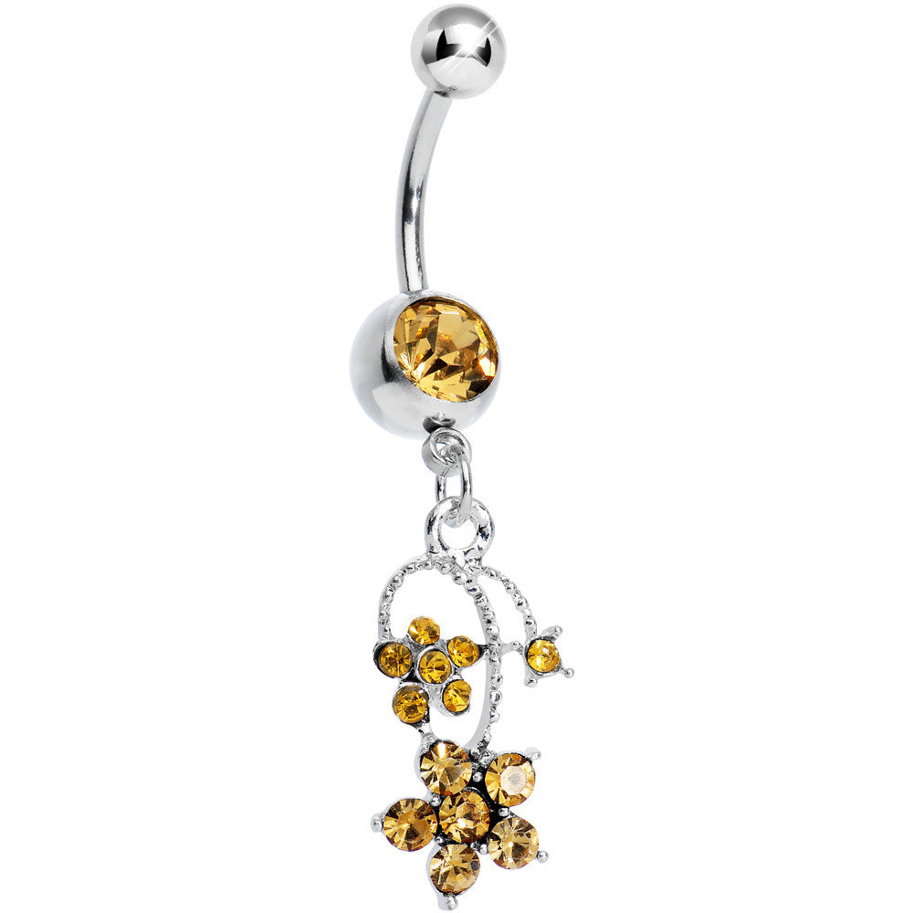 Yellow Gem Tri Flower Strand Dangle Belly Ring
