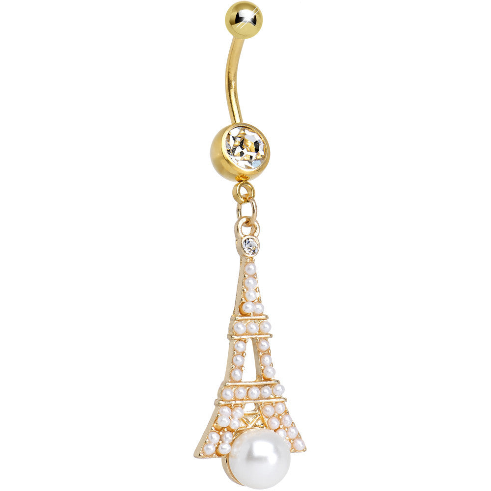 Clear Gem Faux Pearl Gold Plated Ornate Eiffel Tower Dangle Belly Ring