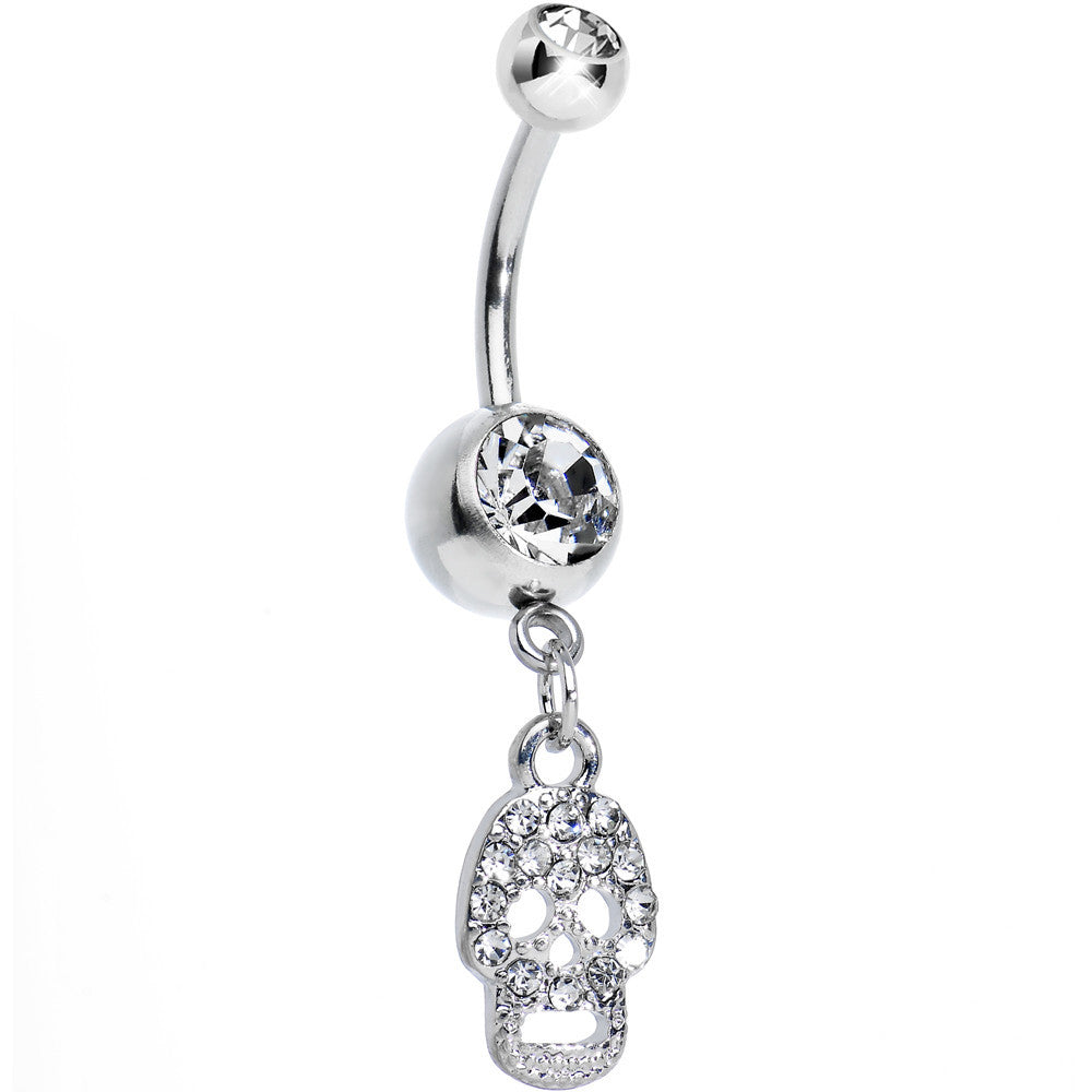 Crystalline Gem Paved Jolly Skull Dangle Belly Ring