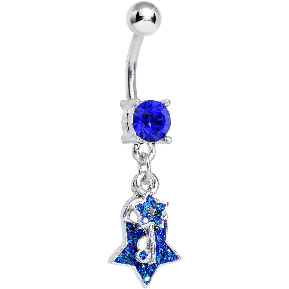 Blue Gem Double Dazzling Star Lock and Key Dangle Belly Ring
