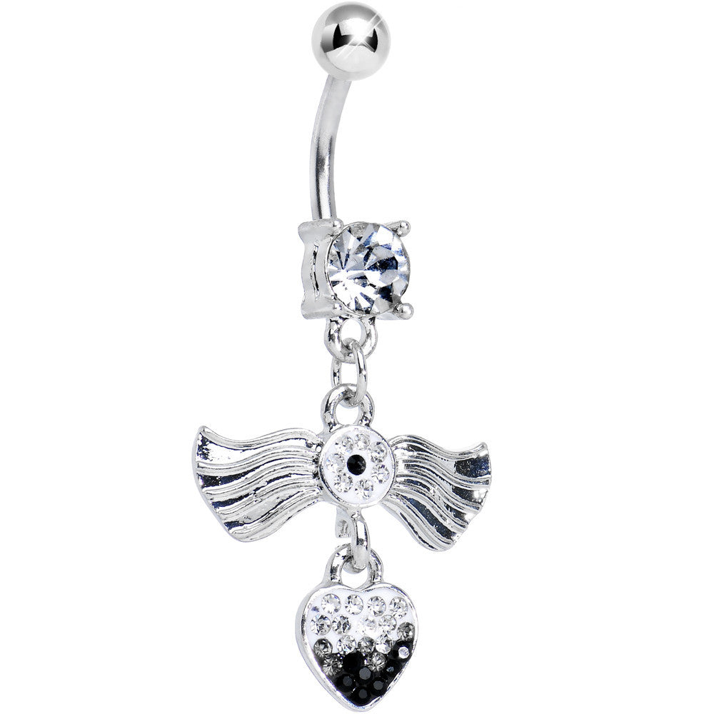 Clear Gem Fancy Angel Wings Clear Black Paved Heart Dangle Belly Ring