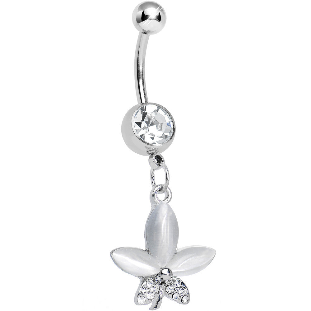 Clear Gem Blooming White Pearly Flower Dangle Belly Ring