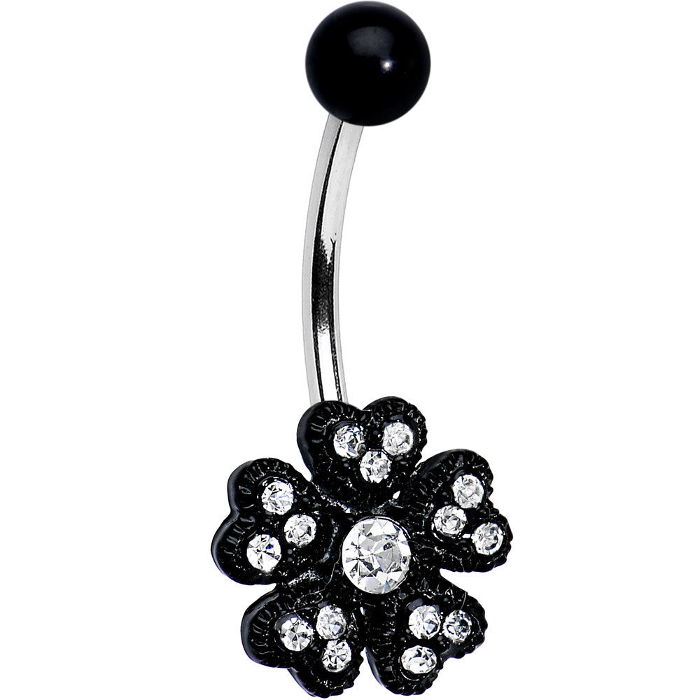Clear Gem Midnight Black Five Petal Flower Belly Ring