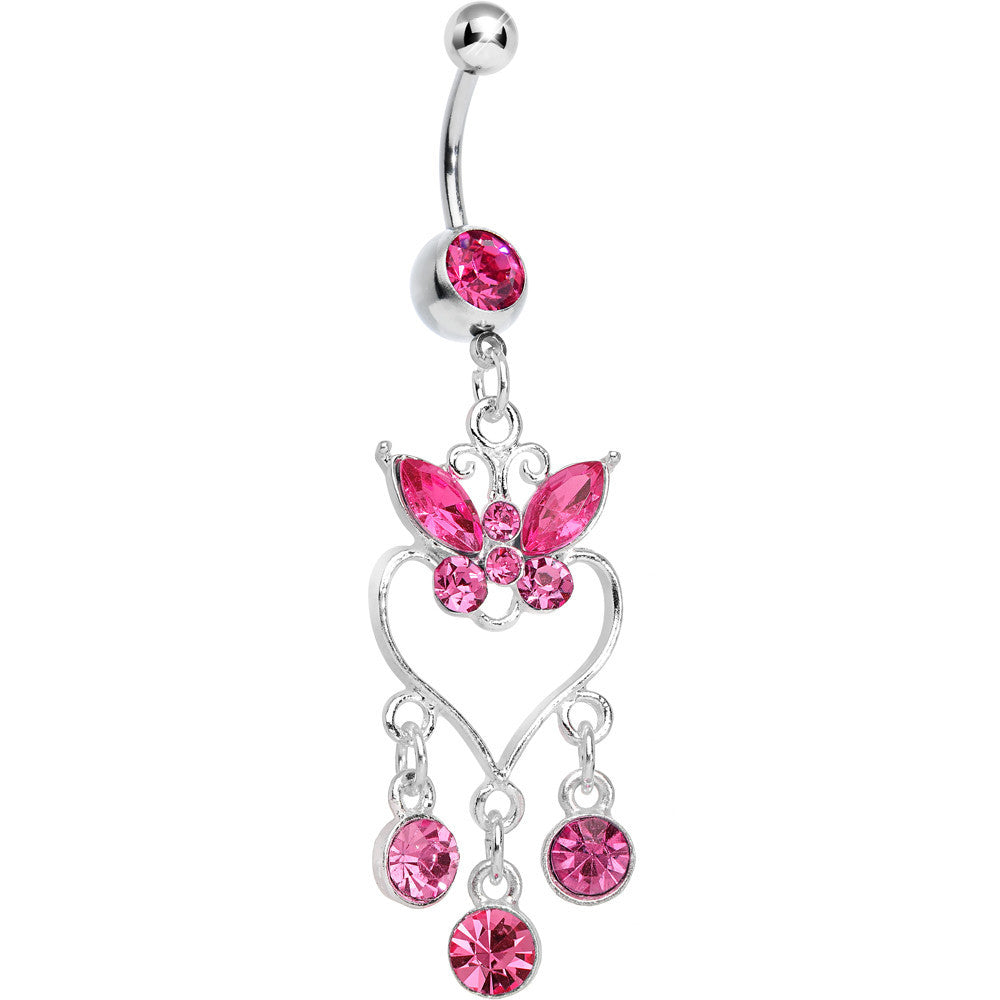 Pink Gem Butterfly Hollow Heart Gem Dangle Belly Ring